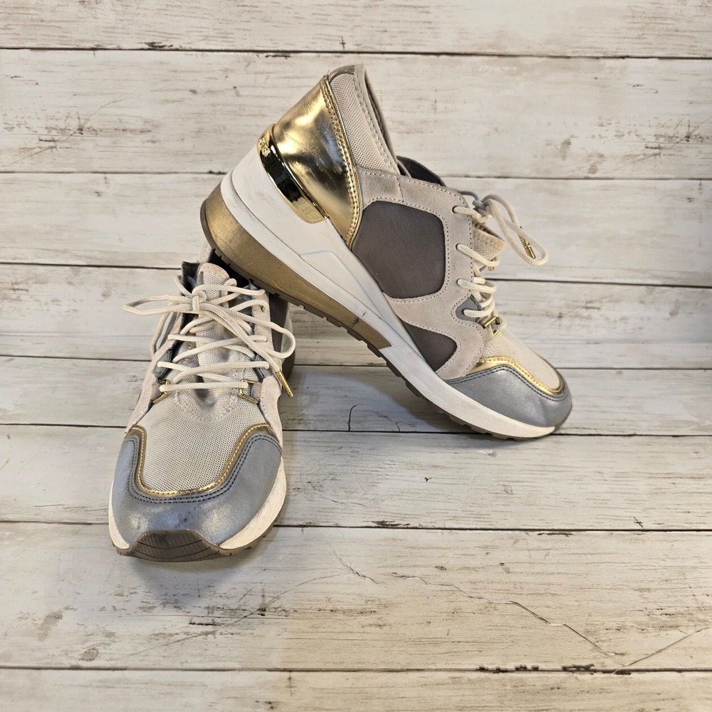 Michael Michael Kors Georgie Trainer Metallic Wedge‎ Sneakers Grey Gold 9M HL16H